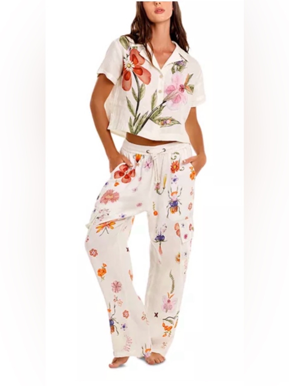 Agua Bendita White Wide-Leg Floral Drawstring Pants